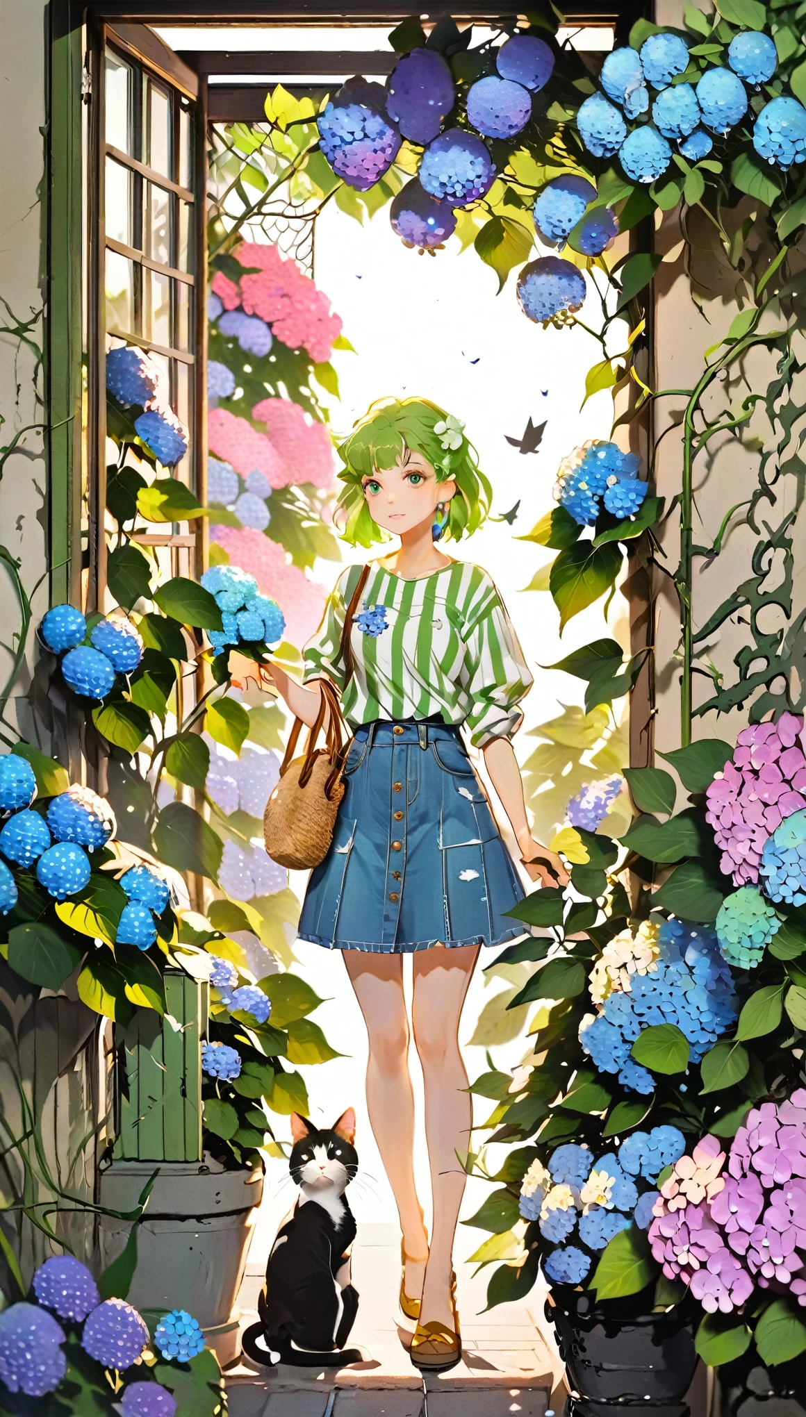 paper cutting style, 1 girl and 1 cat, green medium hair, ducktail, Striped shirt and denim skirt, hydrangea