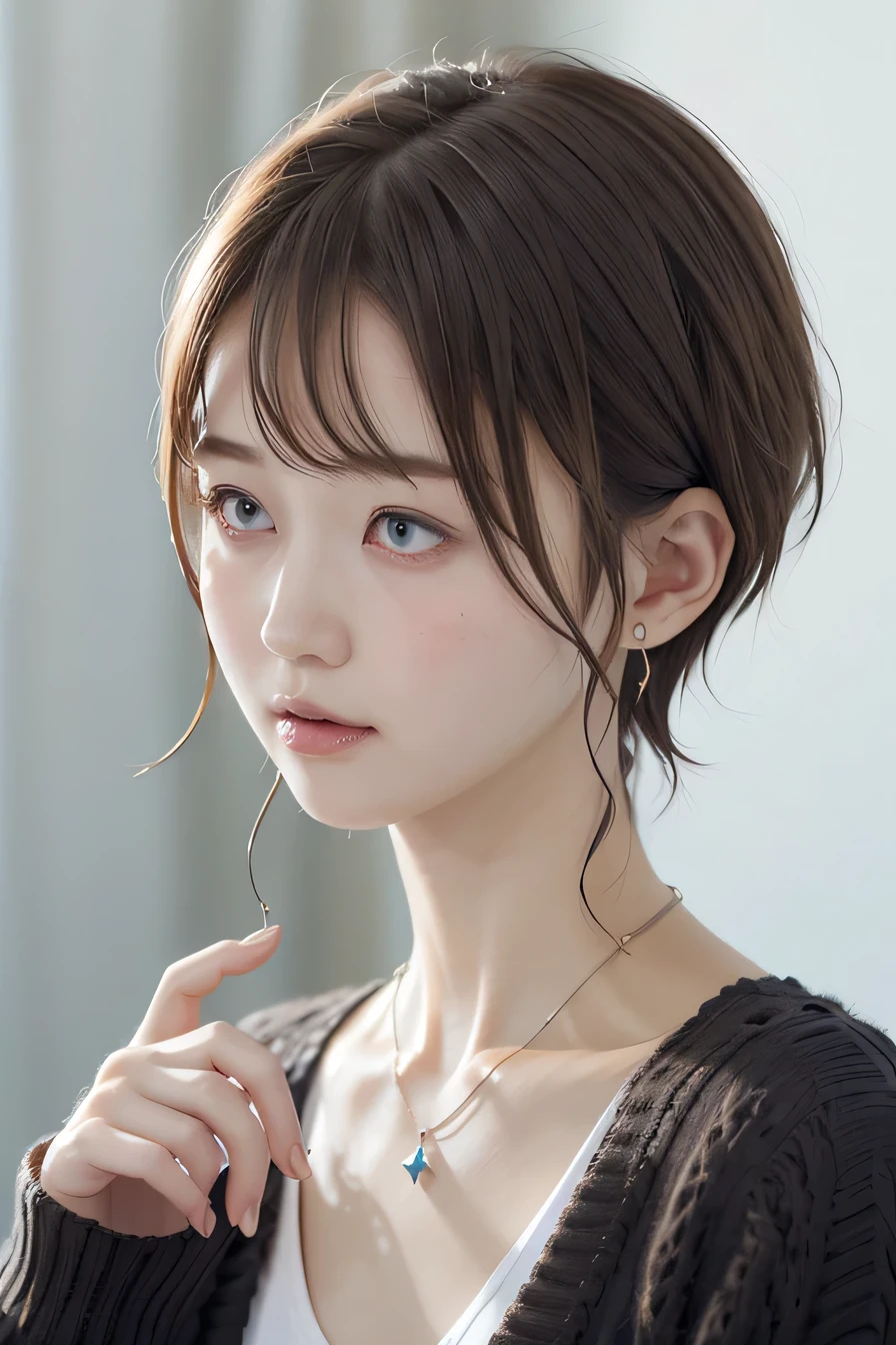 205 ((short hair)), 20-year-old female, In underwear、cardigan、Not through the sleeves、Wear it on your shoulder、 Dynamic Angle、（Ahegao、Drooling from the mouth、）Dark brown hair、ear piercing、Necklace around the neck、Looking into the camera