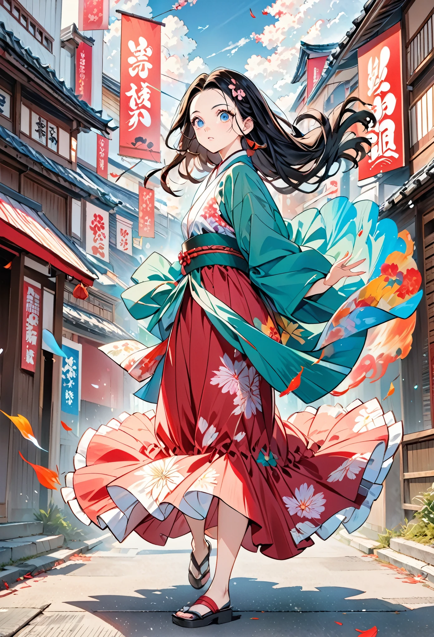 1girl,kamado nezuko,kimetsu no yaiba,
A shot with tension,(Visual impact,giving the poster a dynamic and visually striking appearance:1.2),impactful picture,(full body:1.3),
(masterpiece, best quality:1.2),offcial art,colorful,splash of color,movie perspective,advertising style,magazine cover,