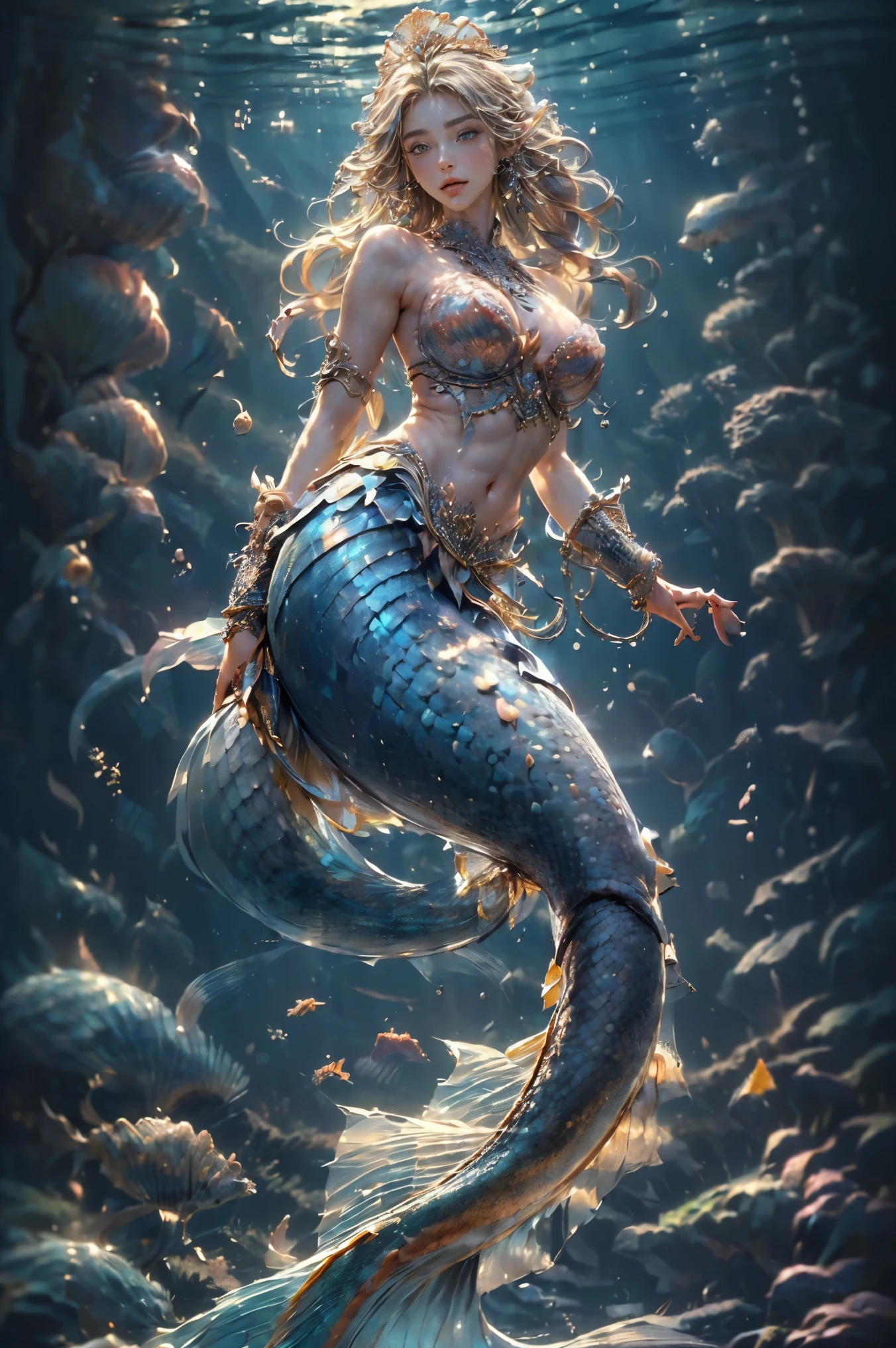 ((masterpiece, highest quality, Highest image quality, High resolution, photorealistic, Raw photo, 8K)), ((Extremely detailed CG unified 8k wallpaper)), (huge stunning goddess shot, very hot and sexy, jaw-dropping beauty, perfect proportions, beautiful body, slim body beauty:1.4), a ((mermaid princess)) with long flowing hair, detailed facial features, ((The lower half is fish without legs, intricate tail scales:1.5)), , It has no legs, but scales and a tail fin, elegant crown, underwater seascape, 