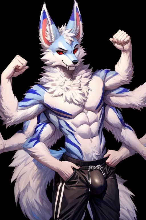 (masterpiece, furry art commission, high quality), (anthro male spider/artic fox hybrid), (white fur with red markings)(six/6 arms), (giant fluffy ears) multiple (four/4) red eyes, handsome, confident, slim, muscular, femboy, anthropomorphic art, sharp fangs, 1 character, fluffy, (multiple arms, extra arms), lithe, black sweatpants with a giant bulge, black footwraps, black background,