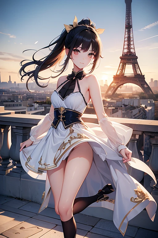 A captivating scene featuring a beautiful anime-style girl with distinctive facial features, With the Eiffel Tower in the French Wonderland in the background. The girl has her black hair in a ponytail, single eyelid, Hooded, humid, Deep Set, Striking, deep orange, captivating eyes. Her face turns into a gentle smile. Age is . legs are very thin. Thin thighs. Small hips. she、She will be wearing a traditional French feminine dress adorned with an intricate and pretty design and a feminine mini skirt.。.The skirt is too short to cover the pants.、Underneath she wears some very seductive underwear to show off to everyone.、Because my breasts are small, the fabric falls forward and my breasts spill out.、 The French cityscape is depicted in the background.、On the roof. Capture the action as if she is jumping around playfully.。Performance Dance Action Skills, Added bell-up moves and session scenes. By combining these elements、The result is a masterpiece of exceptional quality.。. Bast size is very small.((Very small breasts. ))