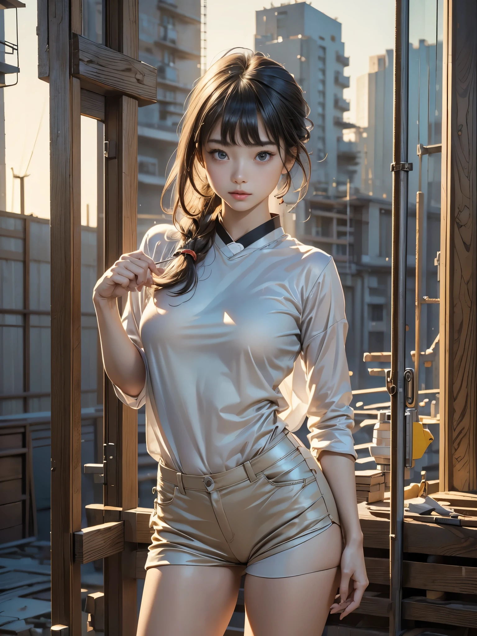 (highest quality,masterpiece:1.3,Ultra-high resolution),(Very detailed,8k), (Realistic:1.4, RAW shooting),((sfw: 1.4)),((detailed face, professional photography)), ((sfw, construction worker outfit, pulled back hair, 1 Girl)), Ultra High Resolution, (Realistic: 1.4), RAW Photo, Best Quality, (Photorealistic Stick), Focus, Soft Light, ((88 years old)), ((Japanese)), (( (young face))), (surface), (depth of field), masterpiece, (realistic), woman, bangs, ((1 girl))、(((Anatomically correct)))、（Perfect Body Proportions)、(Natural Hands、Natural Fingers、Natural Legs)