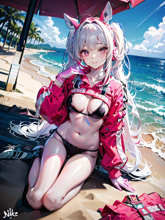 1girl, absurdres, bikini, black_bikini, black_jacket, bracelet, round chest, closed_mouth, smile,happy collarbone, commentary_request,alice (nikke), hair_ornament, hairclip, highre, idolmaster, idolmaster_shiny_colors, jacket, jewelry, large_chest, looking_at_viewer, multiple_bracelets, navel, off_shoulder, open_clothes, open_jacket, pearl_bracelet, purple_eyes, long_hair, side-tie_bikini_bottom, signature, strap_slip, swimsuit, twintails, very long hair, grey hair, headset with baby bunny ears, pink eyes, shrug \(clothing\), multicolored gloves,sitting in a beach,lay on towel,full body,sexy pose,hand hold a drink,sitting underneath a beach umbrella ,whole body ,3/4 angle, fish fov
BREAK
((masterpiece)), (top quality), (best quality), (((ultra-detailed, 8k quality))), (large masterpiece digital art), (detailed line art), ((perfect anatomy)), extremely detailed body, extremely detailed finger, best hands, perfect face,perfect ears, beautiful face, (blush), extremely detailed eyes, ((expressive eyes)), gradient eyes, beautiful eyes,glowing eye pupils,perfect ears,perfect eyes, perfect fingers,perfect nails,
BREAK
(intricate background of scene decorations), beach space,after noon atmosphere,after noon light,sandy beach,pov eye,1 lighting,dynamic lightin,palm trees,sea starts,sparkles,calamari on the bach,rocks,1towel1 drink,beach umbrella