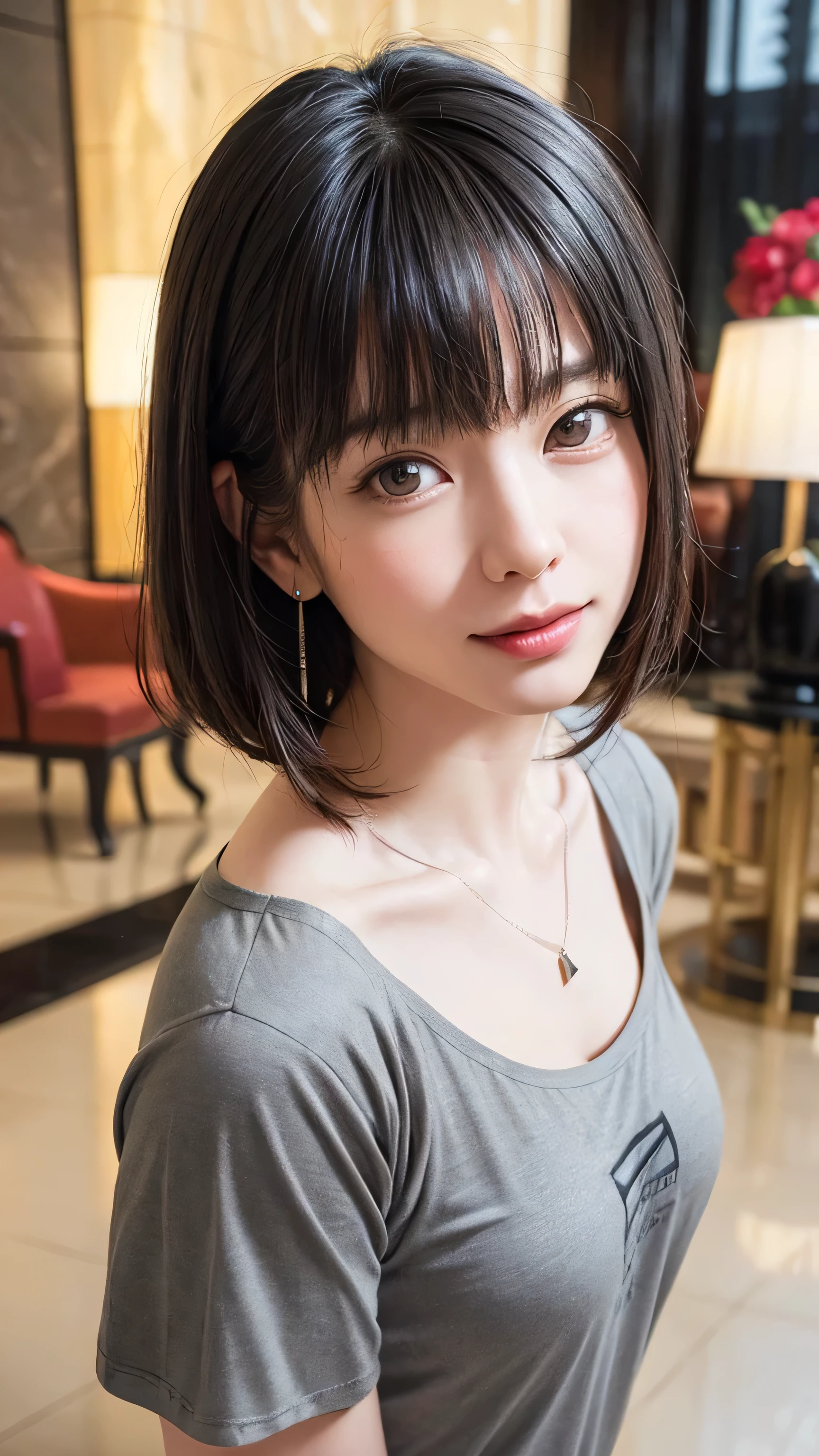 (software:1.8、masterpiece, highest quality),1 girl, alone, hyper Realistic, Realistic,Realistic, Looking at the audience, Light brown eyes:1.4,Brunette Short Bob Hair with highly detailed shiny hair)、 Mouth closed, Upper Body、eyelash、(((Add highlights to the eyes:1.4、Short Bob Hair、Glowing Skin:1.4、Looking at the audience、She is very 美しい and cute、Show me your ears、Beautiful long neck、smile、Close your mouth and smile、Bangs and beautiful teeth)))、Ideal body type、((Luxury hotel lobby:2))、Beautiful long neck:1.4、(((Upper Body)))、Perfect Anatomy、((Grey T-shirt:2))、((thin silver necklace))、((Silver earrings))、