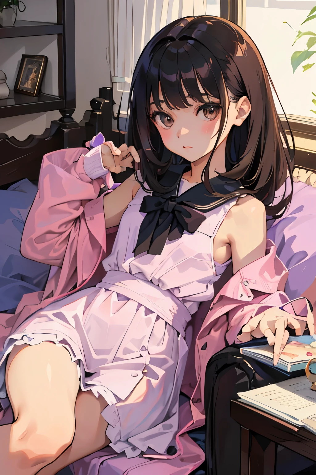 ()，highest quality，Beautiful face in every detail，cute，Dark brown eyes，(背の低いcute女の子，Smallg student，Yoicate girl）,（masterpiece，Top quality)，Black Hair，Sleepy expression，Sleeveless，(Pink shortountain trail