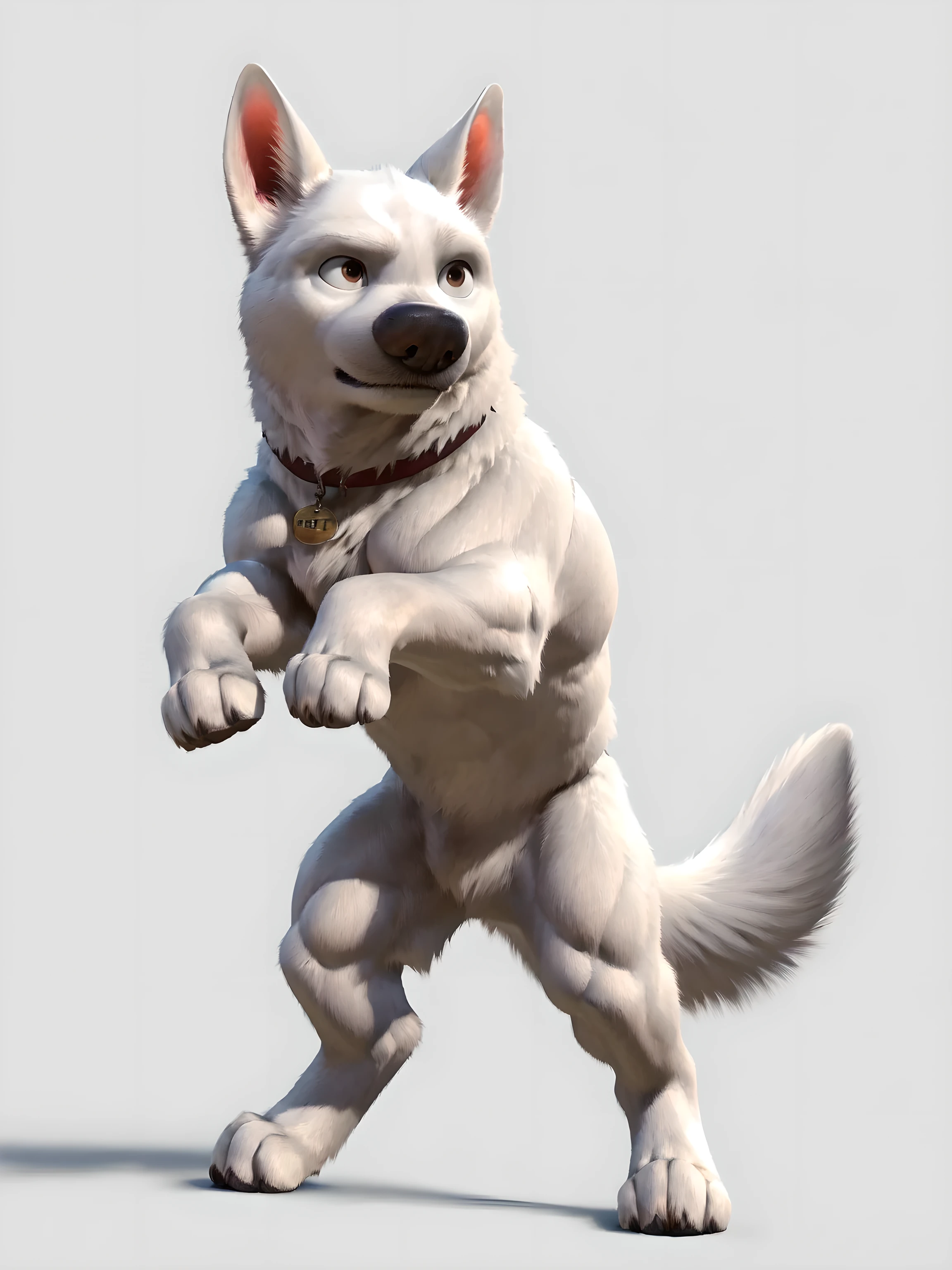 bolt the dog, adult, masculine, male, (quadruped, feral, feral dog):1.2, very muscular:1.5, muscles:1.5, strong chest, muscular shoulders, strong body, muscular neck, biceps, triceps, lats, muscular thighs, calves, vascular, veins, wide chest, taran fiddler style, virtyalfobo style, echin style, (no background, white background):1.3, realistic fur, correct lighting, correct shadows, detailed eyes, high quality, high resolution, detailed, collar, full body, muscular forelegs, muscular hindlegs, white fur, standing on back legs:1.1, legs spread