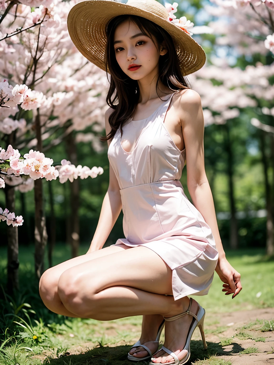asian girl, (thin and cheerful face, medium length brown hair, black eyes, small mouth, (makeup, pink cheek, lipstick)), (slim and slender body, average chest, perfect hands) perfect body 8k , in a white summer dress, white heels, summer straw hat, in a beautiful Sakura forest