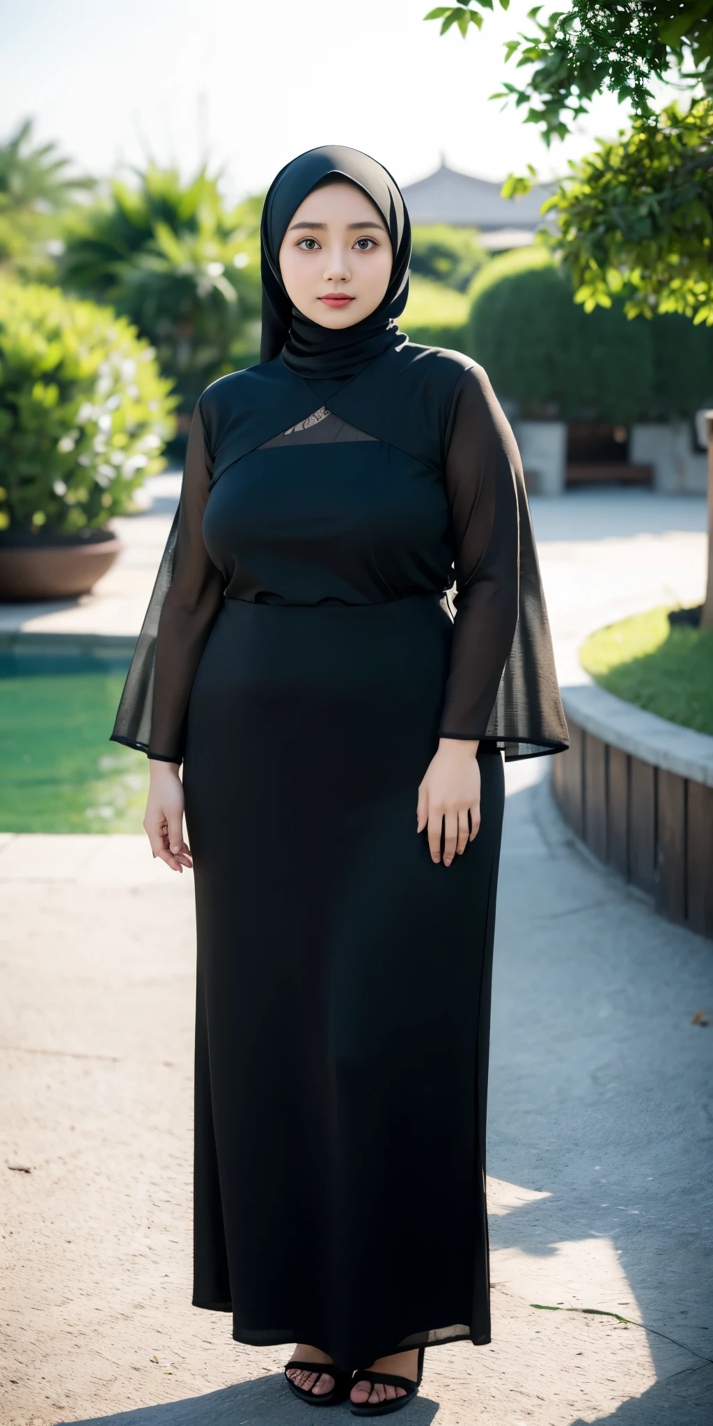 Milky white skin woman in black dress and hijab walking down the street, , hijab outfit, , hijab fashion model, plus size, plus size woman, , woman in black robes, beautiful woman, thicc, black outfit,, bbwchan , white sneakers , Height 170 cm, beautiful woman, with a beautiful appearance, a very beautiful masterpiece, a masterpiece of art, good lighting, Bright colors, Clean lines, .