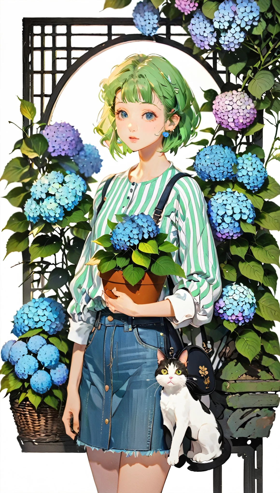 paper cutting style, 1 girl and 1 cat, green medium hair, ducktail, blue striped shirt and denim skirt, hydrangea, portfolio