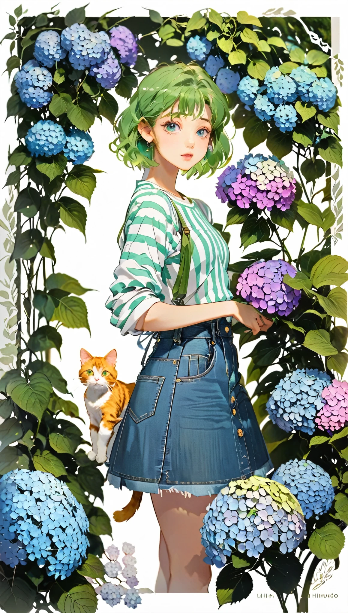 paper cutting style, 1 girl and 1 cat, green medium hair, ducktail, blue striped shirt and denim skirt, hydrangea, portfolio