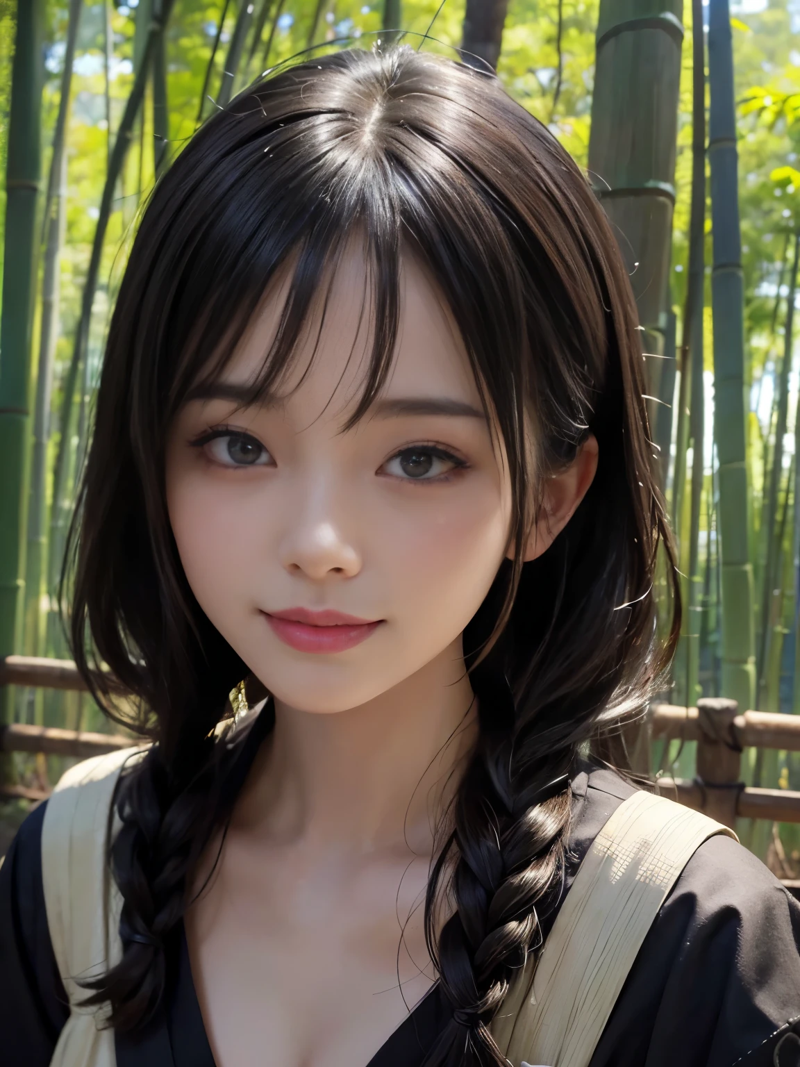 (ultra realistic) , (illustration), (increase resolution), (8K), (extremely detailed), (best illustration), (beautiful detailed eyes), (best quality), (ultra-detailed), (masterpiece), (wallpaper), (detailed face), solo,1 girl, looking at viewers, black straight hair, plump breasts, delicate details, in the dark, deep shadow, low key, pureerosfaceace_v1, happy smile, japanese Yukata, full body, bamboo forest