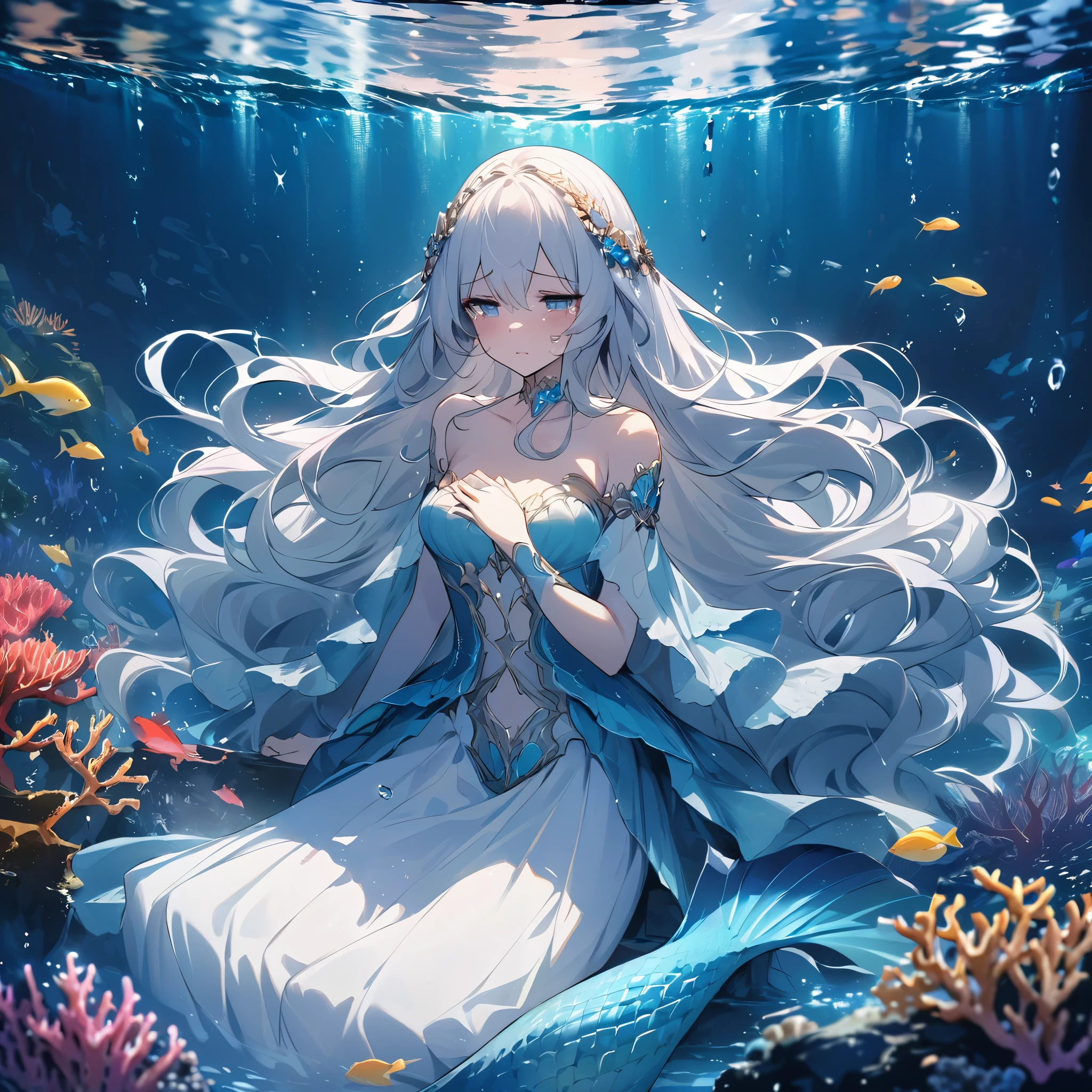 A beautiful mermaid girl with an elegant sits gracefully on a rock at the bottom of the sea. Her long, silky hair is pure white, gently swaying in the water's current.