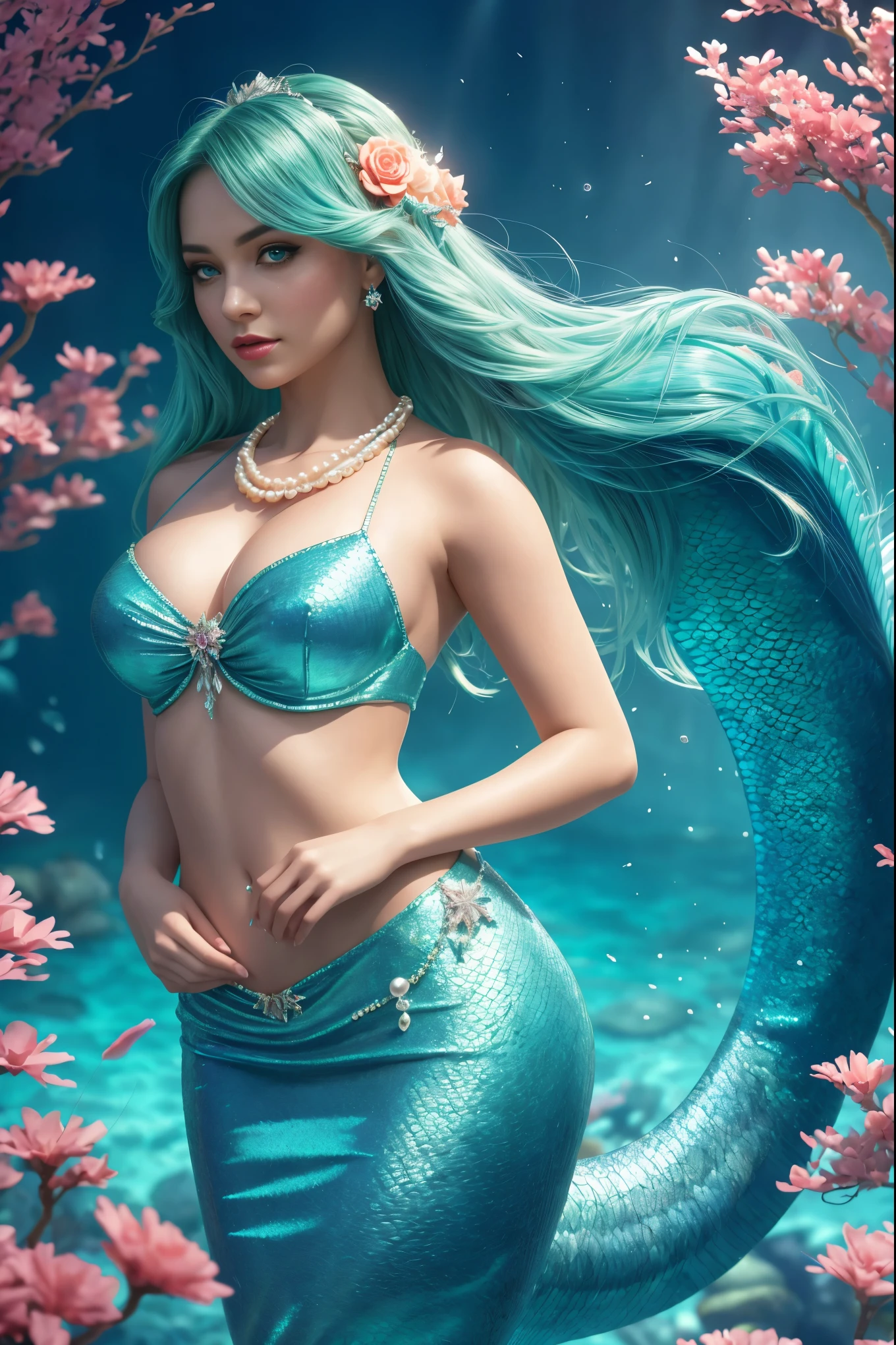 Mermaid princess, underwater, coral, pearl necklace, shimmering tail, mysterious eyes, dreamy lighting,illustration,ultra-detailed,(best quality,4k,8k,highres,masterpiece:1.2),realistic,studio lighting,physically-based rendering,extreme detail description,professional,vivid colors,portraits,sharp focus,bokeh,vivid colors,HDR,ultra-fine painting