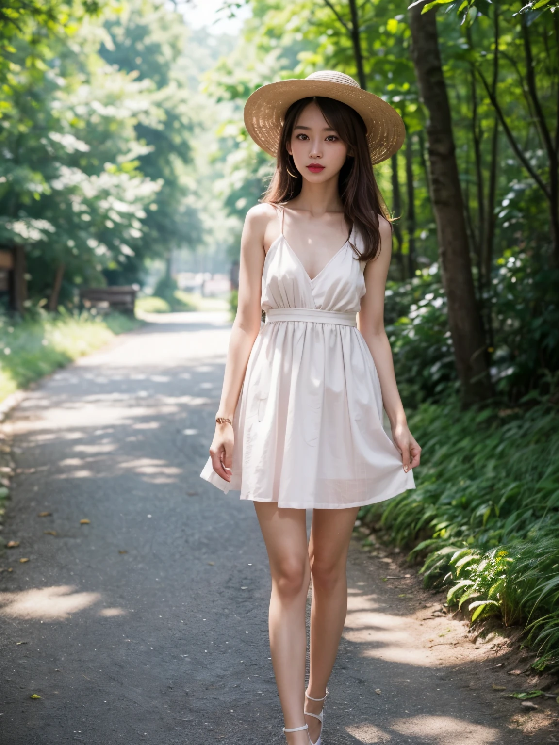 asian girl, (thin and cheerful face, medium length brown hair, black eyes, small mouth, (makeup, pink cheek, lipstick)), (slim and slender body, average chest, perfect hands) perfect body 8k , in a white summer dress, white heels, summer straw hat, in a beautiful Sakura forest