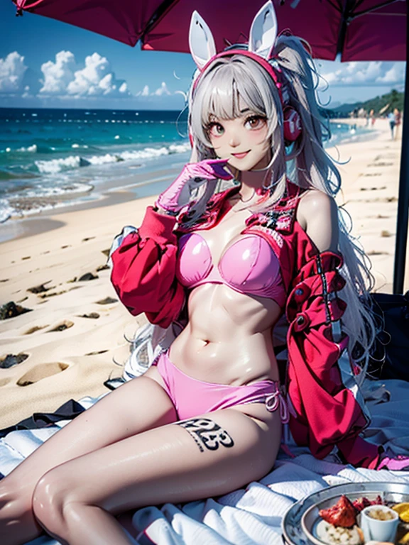1girl, absurdres, bikini, black_bikini, black_jacket, bracelet, round chest, closed_mouth, smile,happy collarbone, commentary_request,alice (nikke), hair_ornament, hairclip, highre, idolmaster, idolmaster_shiny_colors, jacket, jewelry, large_chest, looking_at_viewer, multiple_bracelets, navel, off_shoulder, open_clothes, open_jacket, pearl_bracelet, purple_eyes, long_hair, side-tie_bikini_bottom, signature, strap_slip, swimsuit, twintails, very long hair, grey hair, headset with baby bunny ears, pink eyes, shrug \(clothing\), multicolored gloves,sitting in a beach,lay on towel,full body,sexy pose,hand hold a drink,sitting underneath a beach umbrella ,whole body ,3/4 angle, fish fov
BREAK
((masterpiece)), (top quality), (best quality), (((ultra-detailed, 8k quality))), (large masterpiece digital art), (detailed line art), ((perfect anatomy)), extremely detailed body, extremely detailed finger, best hands, perfect face,perfect ears, beautiful face, (blush), extremely detailed eyes, ((expressive eyes)), gradient eyes, beautiful eyes,glowing eye pupils,perfect ears,perfect eyes, perfect fingers,perfect nails,
BREAK
(intricate background of scene decorations), beach space,after noon atmosphere,after noon light,sandy beach,pov eye,1 lighting,dynamic lightin,palm trees,sea starts,sparkles,calamari on the bach,rocks,1towel1 drink,beach umbrella
