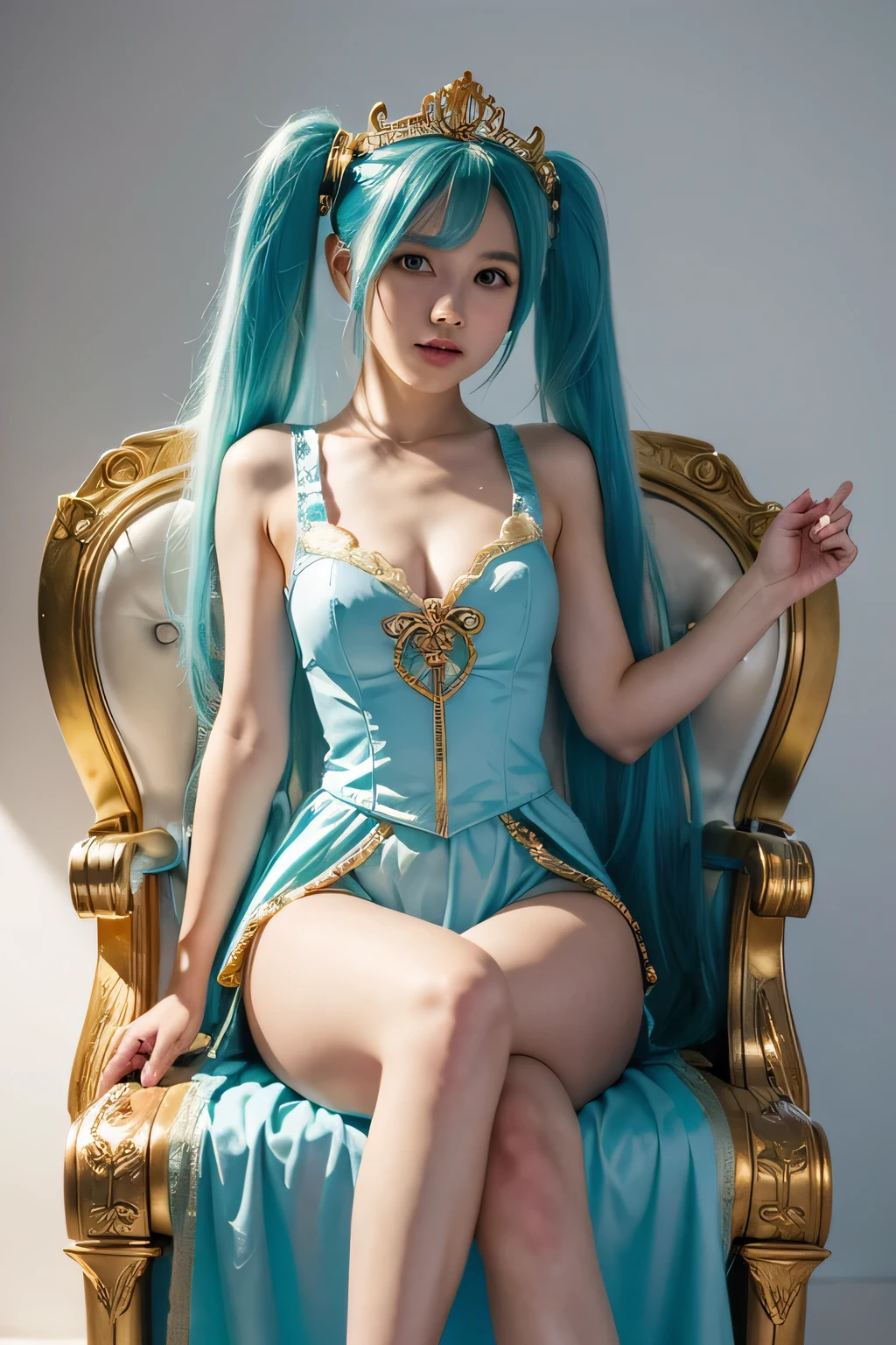 ((Body Portrait))、1girl in, (25-year-old Hatsune Miku), Princess Costume, diadems, gold, ((a throne)), Body Portrait、in a castle, medieval times, Wearing a blue vest, Put one foot on the ground, The calf of the other leg was facing outward, One hand holding the microphone, The other hand beeps across the eye., White background、Body Portrait、​masterpiece, top-quality, hightquality, hight resolution