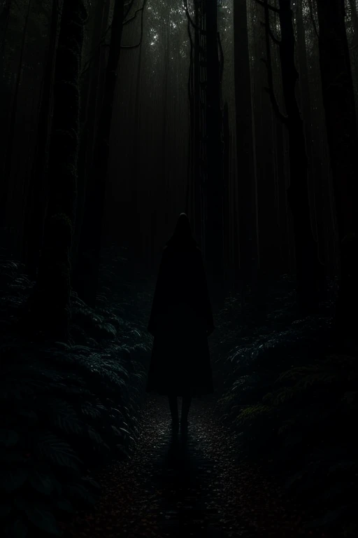 Create an immersive 4K 16:9 image that captures the enchanting ambiance of a dense, lush forest on a stormy night. The rain falls heavily, shimmering under the moonlight, casting a mesmerizing glow on every droplet as it dances through the air. The trees stand tall and majestic, their dark silhouettes punctuated by the occasional flash of lightning, illuminating the foliage and creating a surreal, ethereal atmosphere.
In the heart of this mystical forest, a mysterious figure emerges - a terrifying black shadow, ominous and imposing. The figure moves with a sinister grace, slithering through