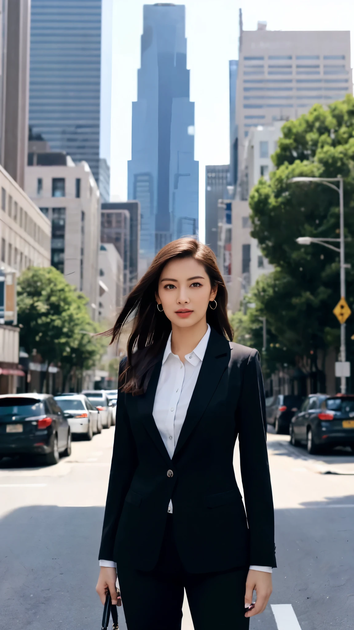 (8k, RAW Photos, highest quality, masterpiece: 1.2), (Realistic, photoRealistic: 1.37), 1 Woman in a suit standing on the sidewalk, Cityscape, Day, Sunny Morning, Professional Lighting, Photon Mapping, Radio City, Brazilian Women, Torn, shirt, Woman in a suit, Silk Suit