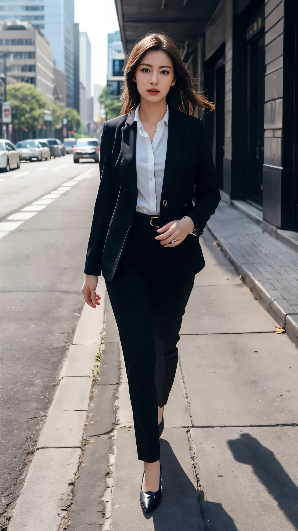 (8k, RAW Photos, highest quality, masterpiece: 1.2), (Realistic, photoRealistic: 1.37), 1 Woman in a suit standing on the sidewalk, Cityscape, Day, Sunny Morning, Professional Lighting, Photon Mapping, Radio City, Brazilian Women, Torn, shirt, Woman in a suit, Silk Suit