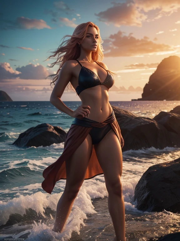 A stunning full body portrait of a woman, island background, sunset, charlie bowater, volumetric atmosphere, best quality, sharp focus, beautiful face, pretty hands, highres, vibrant intricate, insanely detailed, breathtaking, precise lineart, comprehensive cinematic, max detail, 4k uhd, digital art, adward winning, trending on artstation, dynamic pose