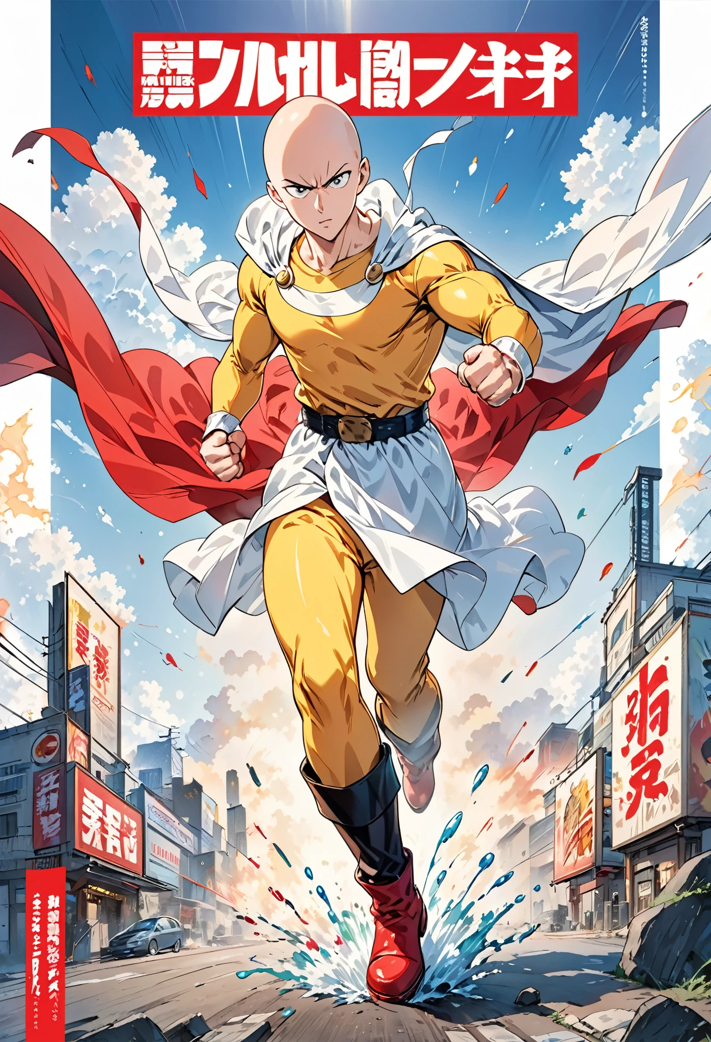 saitama (one-punch man),1boy,solo,bald,male focus,cape,gloves,boots,red gloves,belt,red footwear,white cape,superhero,clenched hands,yellow bodysuit,clenched hand,
one-punch man,
A shot with tension,(Visual impact,giving the poster a dynamic and visually striking appearance:1.2),impactful picture,(full body:1.3),
(masterpiece, best quality:1.2),offcial art,colorful,splash of color,movie perspective,advertising style,magazine cover,
