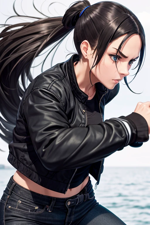 American woman, ponytail, wearing black jacket, black jeans, fighting a tug