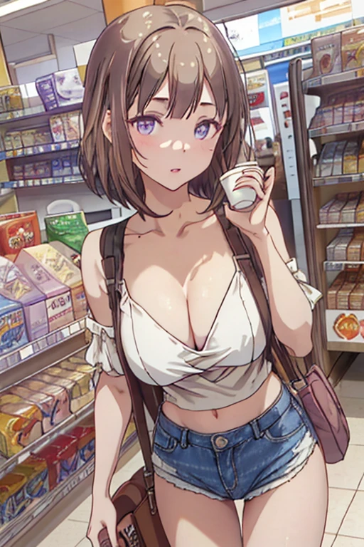 (masterpiece, Best Quality, ultra-detailed, high resolution, extremely detailed CG, official art, Professional Lighting, Perfect Anatomy, anime colors), (from below), looking at viewer, cowboy shot, perfect body, 24yo beautiful 1girl, medium hips, glamorous body,a small face,beautiful-makeup,Makeup light,Shortcut Hair,dark brown hair、Bust b Cup, Amazing Cleavage, thin waist, big ass, Raised sexy, big breast: 1.2 posed cleavage:1.2, (off shoulders,Sportsbra,legginullnude), micro denim shorts, bare legs, nail_polish, pale skin, Waiting friend, (morning:1.5), tokyo, (convenience store:1.3), outdoor, (depth of field:1.3), contrapposto, (Hold a coffee in your hand:1.3),delicate beautiful face, Bright magenta eyes, cute eyes, sparkling eyes, Big eyes, (big breasts:1.3), (perky chest:1.1), (pointed chest:1.3), looking at viewer,