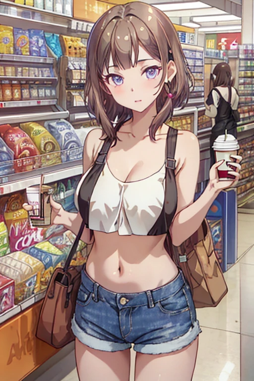 (masterpiece, Best Quality, ultra-detailed, high resolution, extremely detailed CG, official art, Professional Lighting, Perfect Anatomy, anime colors), (from below), looking at viewer, cowboy shot, perfect body, 24yo beautiful 1girl, medium hips, glamorous body,a small face,beautiful-makeup,Makeup light,Shortcut Hair,dark brown hair、Bust b Cup, Amazing Cleavage, thin waist, big ass, Raised sexy, big breast: 1.2 posed cleavage:1.2, (off shoulders,Sportsbra,legginullnude), micro denim shorts, bare legs, nail_polish, pale skin, Waiting friend, (morning:1.5), tokyo, (convenience store:1.3), outdoor, (depth of field:1.3), contrapposto, (Hold a coffee in your hand:1.3),delicate beautiful face, Bright magenta eyes, cute eyes, sparkling eyes, Big eyes, (big breasts:1.3), (perky chest:1.1), (pointed chest:1.3), looking at viewer, 