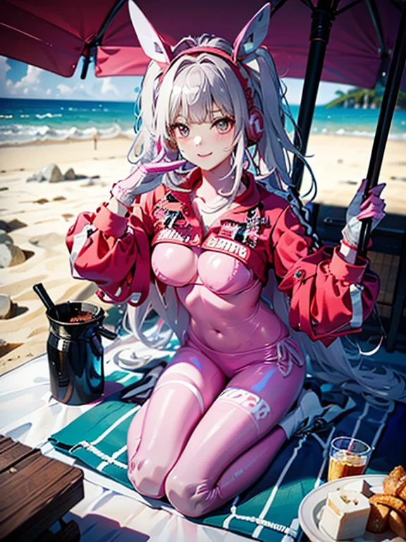 1girl, absurdres, bikini, black_bikini, black_jacket, bracelet, round chest, closed_mouth, smile,happy collarbone, commentary_request,alice (nikke), hair_ornament, hairclip, highre, idolmaster, idolmaster_shiny_colors, jacket, jewelry, large_chest, looking_at_viewer, multiple_bracelets, navel, off_shoulder, open_clothes, open_jacket, pearl_bracelet, purple_eyes, long_hair, side-tie_bikini_bottom, signature, strap_slip, swimsuit, twintails, very long hair, grey hair, headset with baby bunny ears, pink eyes, shrug \(clothing\), multicolored gloves,sitting in a beach,lay on towel,full body,sexy pose,hand hold a drink,sitting underneath a beach umbrella ,whole body ,3/4 angle, fish fov

BREAK

((masterpiece)), (top quality), (best quality), (((ultra-detailed, 8k quality))), (large masterpiece digital art), (detailed line art), ((perfect anatomy)), extremely detailed body, extremely detailed finger, best hands, perfect face,perfect ears, beautiful face, (blush), extremely detailed eyes, ((expressive eyes)), gradient eyes, beautiful eyes,glowing eye pupils,perfect ears,perfect eyes, perfect fingers,perfect nails,

BREAK

(intricate background of scene decorations), beach space,after noon atmosphere,after noon light,sandy beach,pov eye,1 lighting,dynamic lightin,palm trees,sea starts,sparkles,calamari on the bach,rocks,1towel1 drink,beach umbrella 