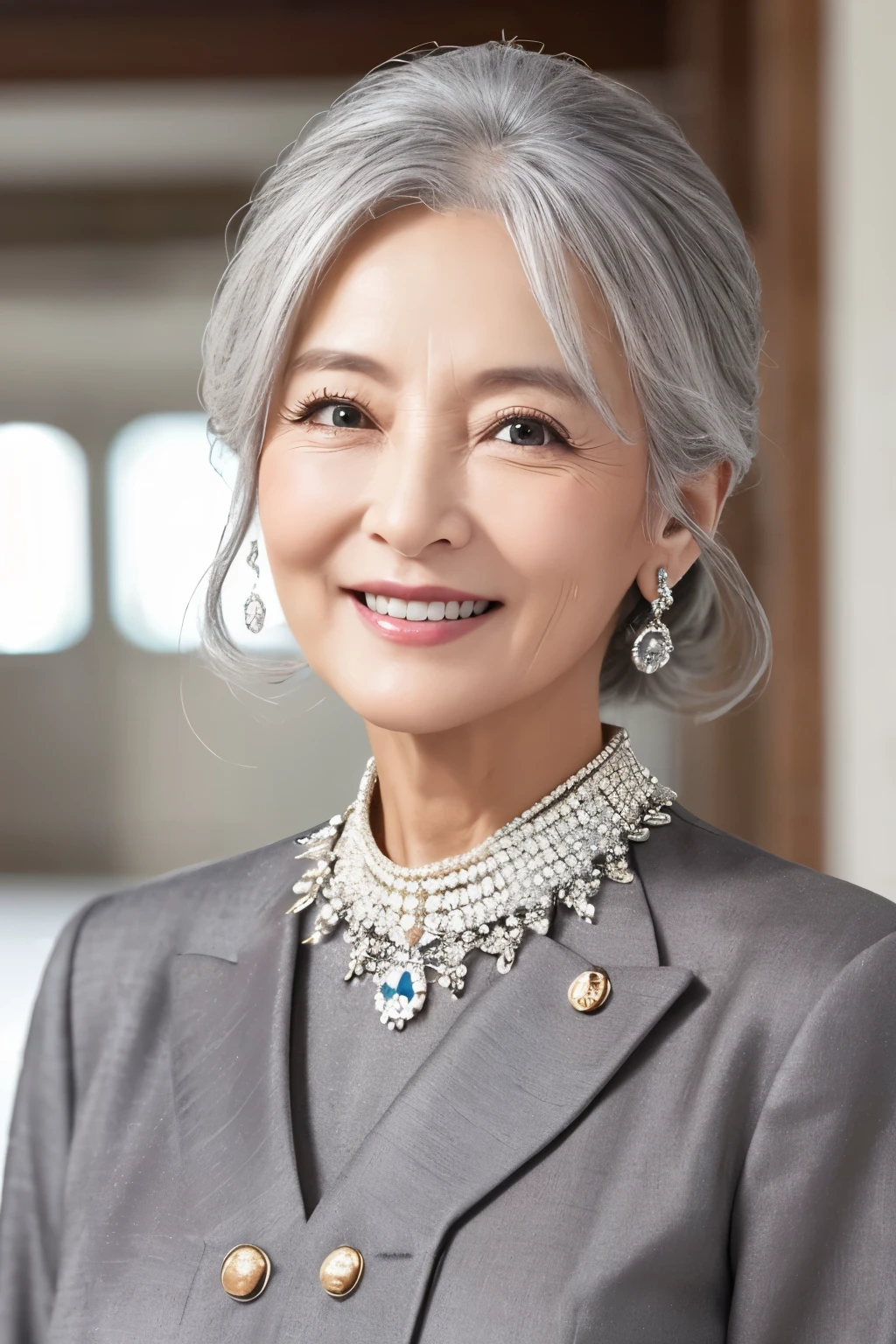 62 years old。smile、Your eyes are sparkling、Gray Hair、upper class、dignity、haute couture、