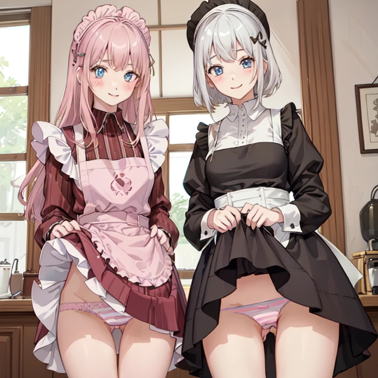 highest quality、masterpiece、((2 girls:1.5))、((smile:1.3))、(blush:1.3)、Black Shirt、blouse、((fun!!))、(Small breasts)、()、Blonde、(Long sleeve)、((White apron:1.5))、((Maid))、((hair ornaments)),、Kamimei、look at me、 ((in house:1.5))、 Taking a break from watching the audience、Cowboy Shot、(Skirt lift:1.3),(Highly detailed pink striped panties:1.3)、(Highly detailed panties:1.3)、、(スカート that rolls up:1.3)、(Panties fully exposed:1.5)、Light blue eyes、long hair、Glowing Eyes