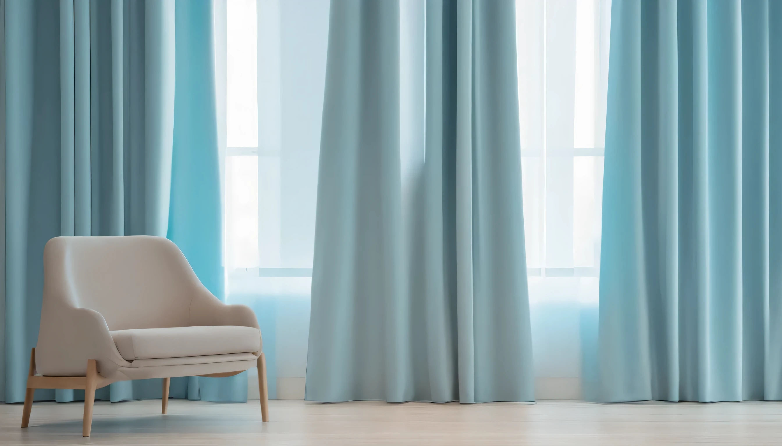 Close-up of simple home background wall,Gradient light blue heavy curtains,Unfurnished,Clean and refreshing