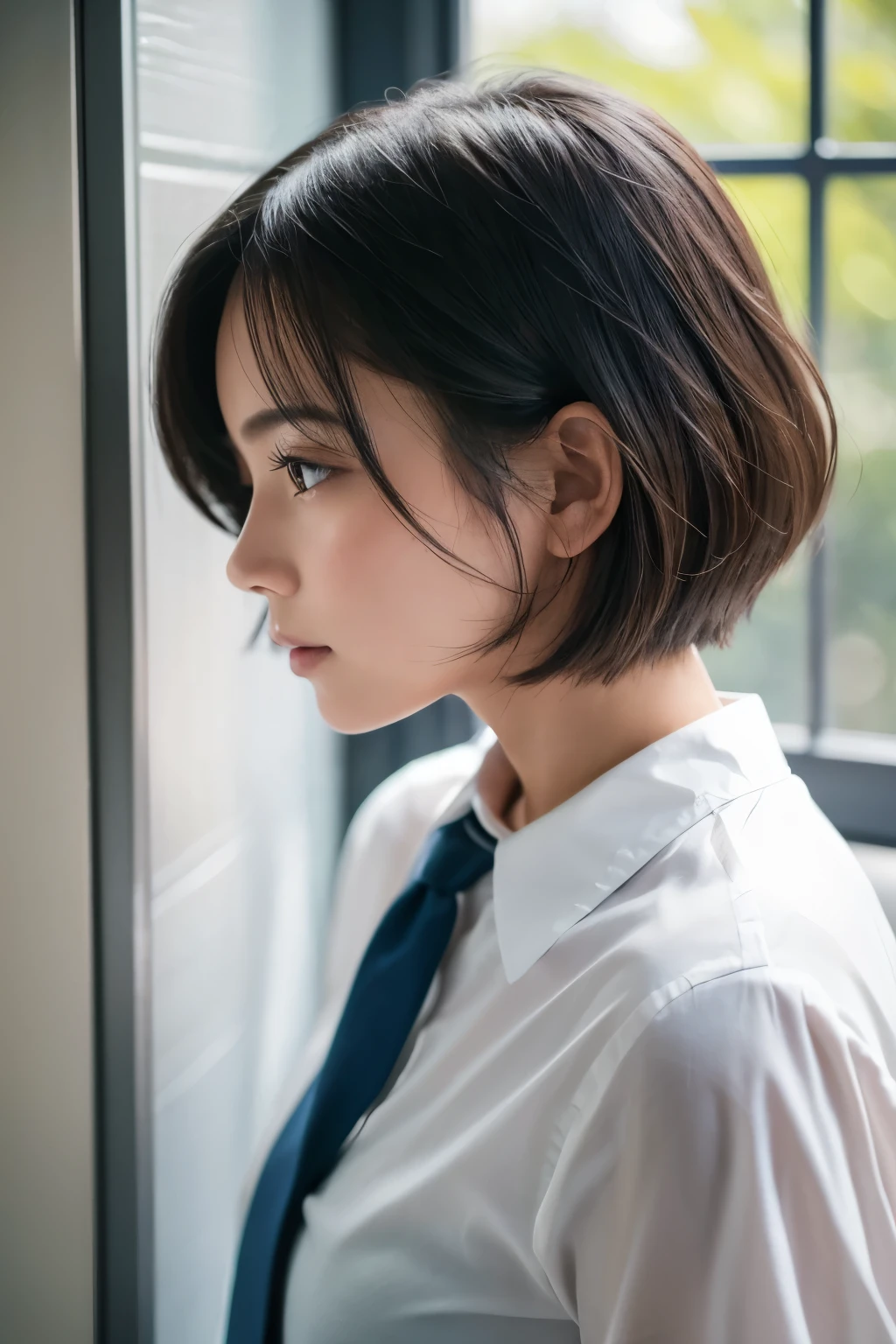In the natural light coming through the window、There is a young woman showing her profile.。She has a short bob hairstyle、My hair is swaying lightly in the wind。The woman is wearing a white shirt、He is wearing a loosely tied blue tie.。Her skin is transparent、Cheeks are tinted a light pink。Eyes are large、She has an expression as if she is looking into the distance.。
A soft light spreads in the background.、It gives a simple and clean impression。The female figure is generally calm.、There is a calm atmosphere。There is something pensive about her expression.、I feel a sense of calm。