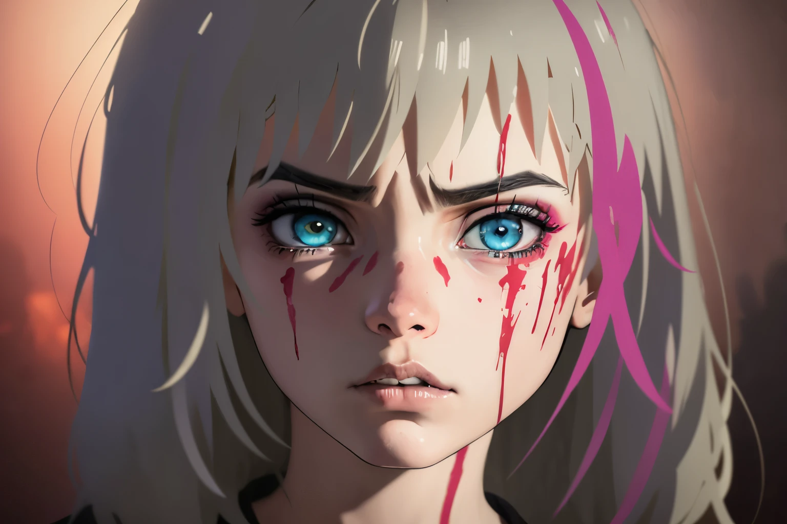 a beautiful detailed girl with extremely detailed eyes and face, longeyelashes, beautiful detailed lips, blood and gore, Death And Head, Hurt, dark fantasy, hyper detailed, dramatic lighting, moody, 1girl, oil painting, cinematic, dark atmosphere, chiaroscuro, deep shadows, haunting, somber colors, melancholy, surreal