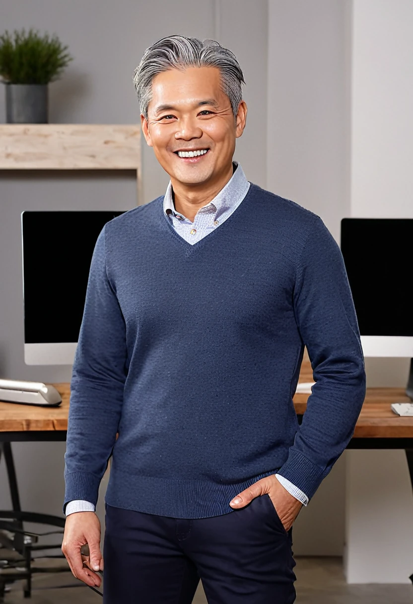A male livestream retailer who is mature, fair-skinned, and Asian, standing confidently in a modern, well-lit studio, dressed in casual business attire. The retailer exudes trustworthiness and professionalism, with a friendly and approachable demeanor. They have gray hair and hazel eyes, with a neat haircut. The background includes a cozy home office, a professional camera setup, and soft ambient lighting enhancing the scene. The retailer is engaging with the audience, smiling warmly and holding a product while explaining its features. The image should have intricate fine details, hyper-realistic textures, and a warm, inviting atmosphere.