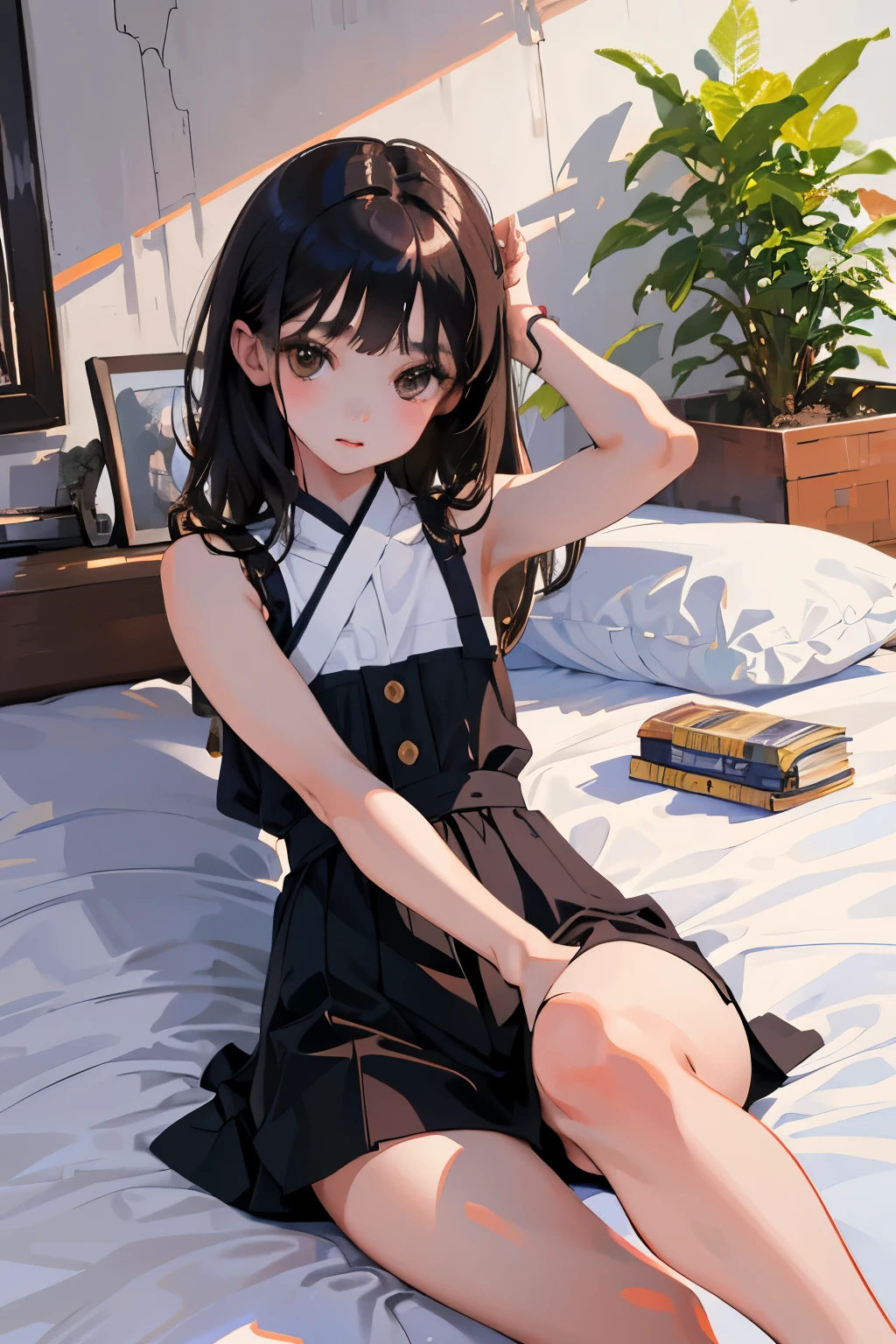 ()，highest quality，Beautiful face in every detail，cute，Dark brown eyes，(背の低いcute女の子，Smallg student，Yoicate girl）,（masterpiece，Top quality)，Black Hair，Sleepy expression，Sleeveless，(White shorts)