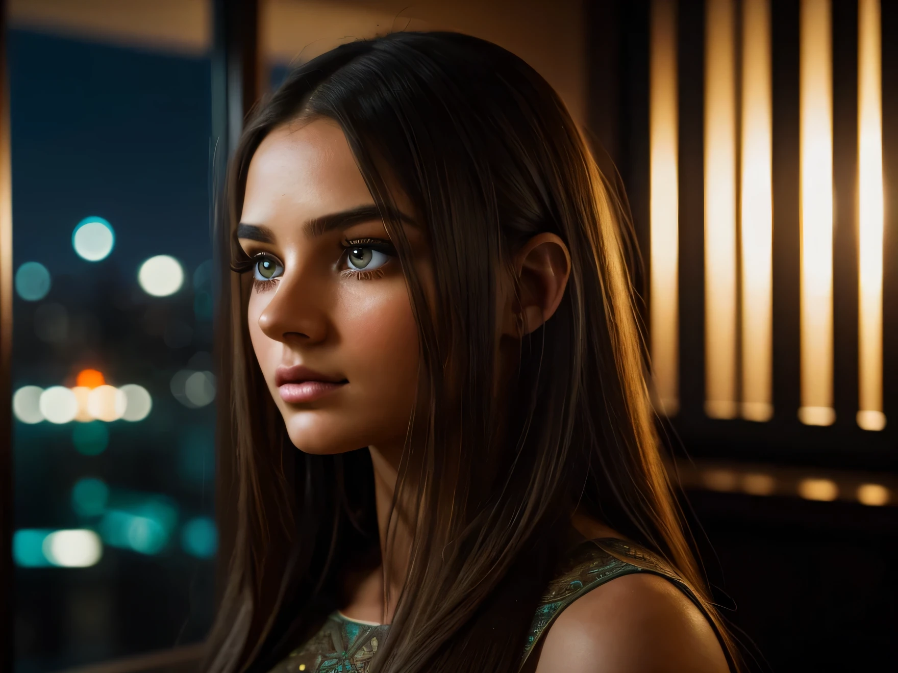 cinematic photo of a beautiful girl with long brunette hair, looking away from the lens, in a modern skyscraper bar in London at night, warm color tones with muted orange and teal, high quality, highly detailed, photorealistic, masterpiece, ((1girl)), (beautiful detailed eyes, beautiful detailed lips, extremely detailed eyes and face, long eyelashes), (intricate details:1.2), cinematic lighting, soft focus, bokeh, chiaroscuro, moody atmosphere, dramatic shadows