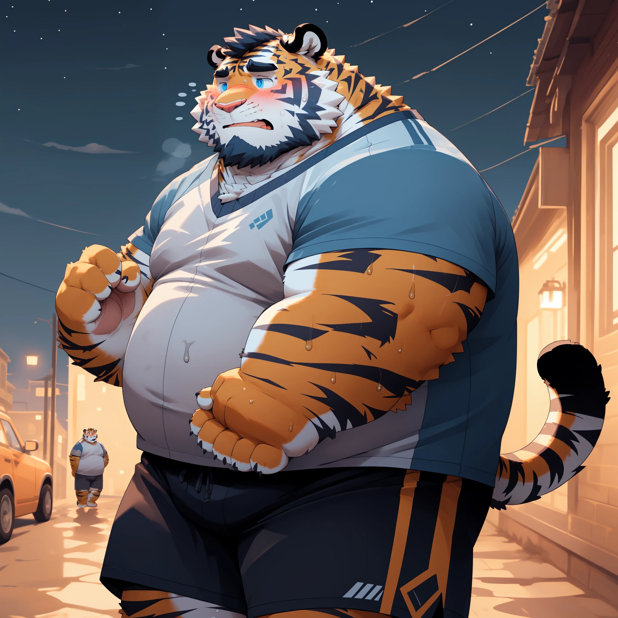 New Jersey 5 Furry,Tiger,Solitary,Chubby,Fat,Thick arms,Rugged muscles,shorts,orange Plush fur,Chubby Face,Black eyebrows,Sky blue eyes,Beard,(Casual wear),(blush),(Sweating),night，Pinching face with both hands，Chin on both hands