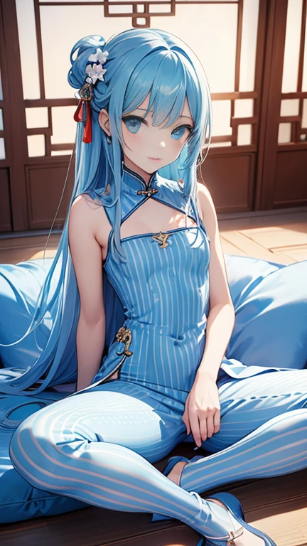 Sexy Woman, (highest quality), (masterpiece), (One girl), slim, anime, (flat chest), (China dress), (Sitting), (Decent), (Full body image), (Spread your legs)
、The pants are light blue striped pants