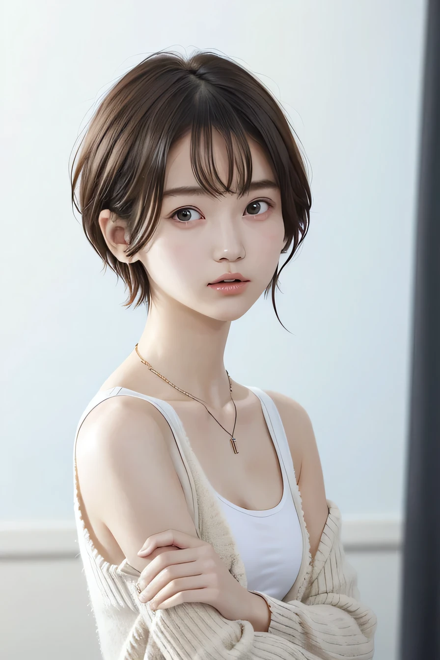 205 ((short hair)), 20-year-old female, In underwear、cardigan、Not through the sleeves、Wear it on your shoulder、 Dynamic Angle、Open your mouth、Black Hair、ear piercing、Necklace around the neck、Looking into the camera