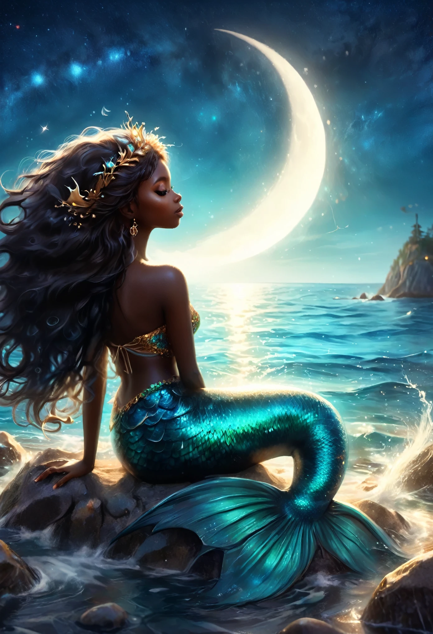 Mermaid Princess Illustration,( dark skin:1.2)， Sitting on a rocky beach, Beautiful clear waters, Backlight, Strong winds, Spirit of the Wind, Night，Starry Sky