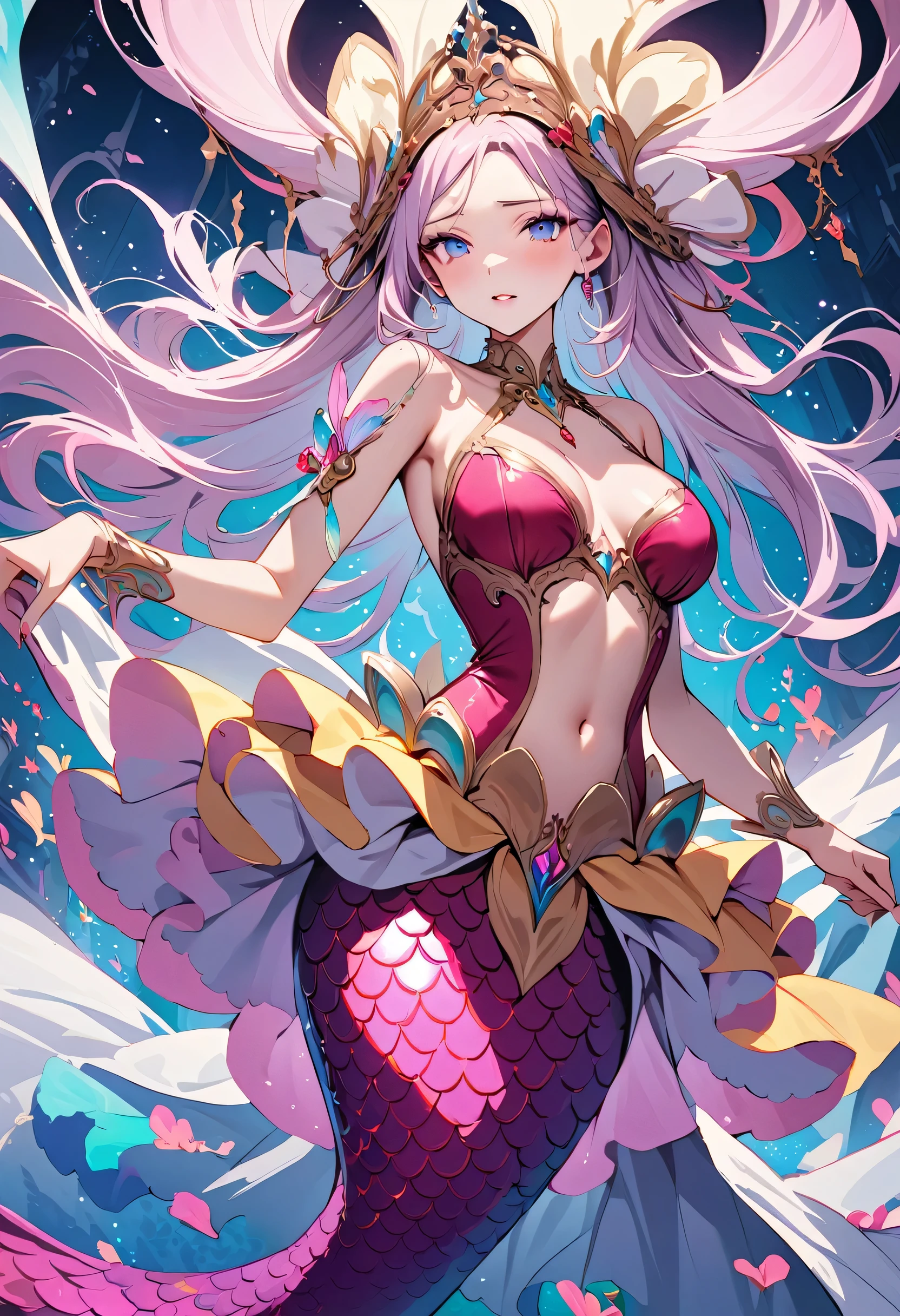 masterpiece, best quality, novel illustration, highres, 18+ content, sensual, intimate, emotional, passionate, romantic, sweet, endearing, innocent, pure, captivating, alluring, enticing, mysterious, enchanting, captivating, immersive, mesmerizing, dreamlike, surreal, imaginative, whimsical, artistic, avant-garde, timeless, elegant, sophisticated, chic, refined, unique, original, mesmerizing,((Mermaid Princess:1.3))
