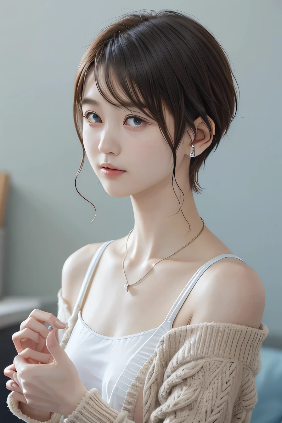 205 ((short hair)), 20-year-old female, In underwear、cardigan、Not through the sleeves、Wear it on your shoulder、 Dynamic Angle、Ahegao、Drooling from the mouth、Dark brown hair、ear piercing、Necklace around the neck、Looking into the camera