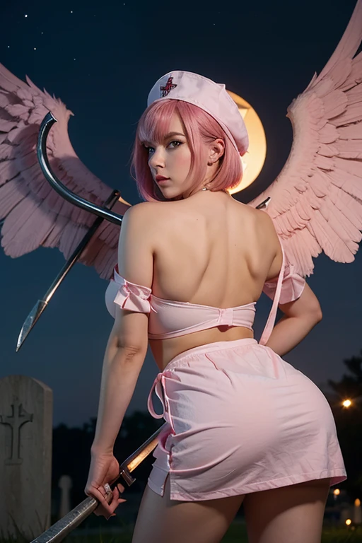 masterpiece,highest quality,Beauty,Pink Hair,bangs,Bobcut,nurse cap,Big Breasts,((Facing forward)),(Devil Nurse),(holding a big scythe in his hand),(Angel&#39;s wing),Bandage around the body,Cemetery at night,