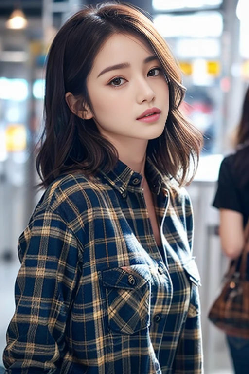 jeans、Plaid check shirt、Pump、Delicate face、Delicate lips、Delicate eyes、Smooth and radiant skin、The only person