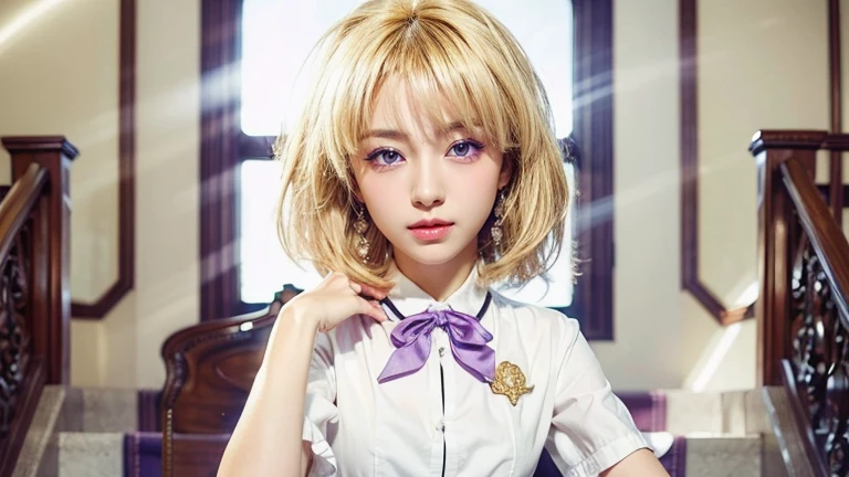 (1 lady), (Best quality at best:1.4), (ultra - detailed), (extremely detailed CG unified 16k), A Beautiful Woman with Perfect Figure: 1.4, Sharp Focus: 1.2, very detailed, High-definition RAW color photo, professional photoshooting, lady in uniform standing at a big room, stairs behind her, girl named Satoko, cute girl, best girl, nanogirlv 2, young woman, beautiful high school girl, attractive girl, amazing face and eyes, cosmetics, (amazingly beautiful girl), ((jksatoko)), realistic cinematic face, head to feet long wide zoomed out view, full body long view, photorealistic, ((realistic natural golden blonde hair style, purple eyes)), gorgeous, extremely beautiful face, pretty face, delicate girl, perfect model beauty, pout mouth, Highly Detailed Face and Skin Texture, Detailed Eyes, Double Eyelids, Medium size breasts, shy but motivated expression, (masterpiece), best quality, high resolution, extremely detailed, cinematic lighting, amazing legs, clear and well-cared skin, (milky pale skin, white skin like milk), (symmetrical body, correlative size body parts), (make her head smaller)