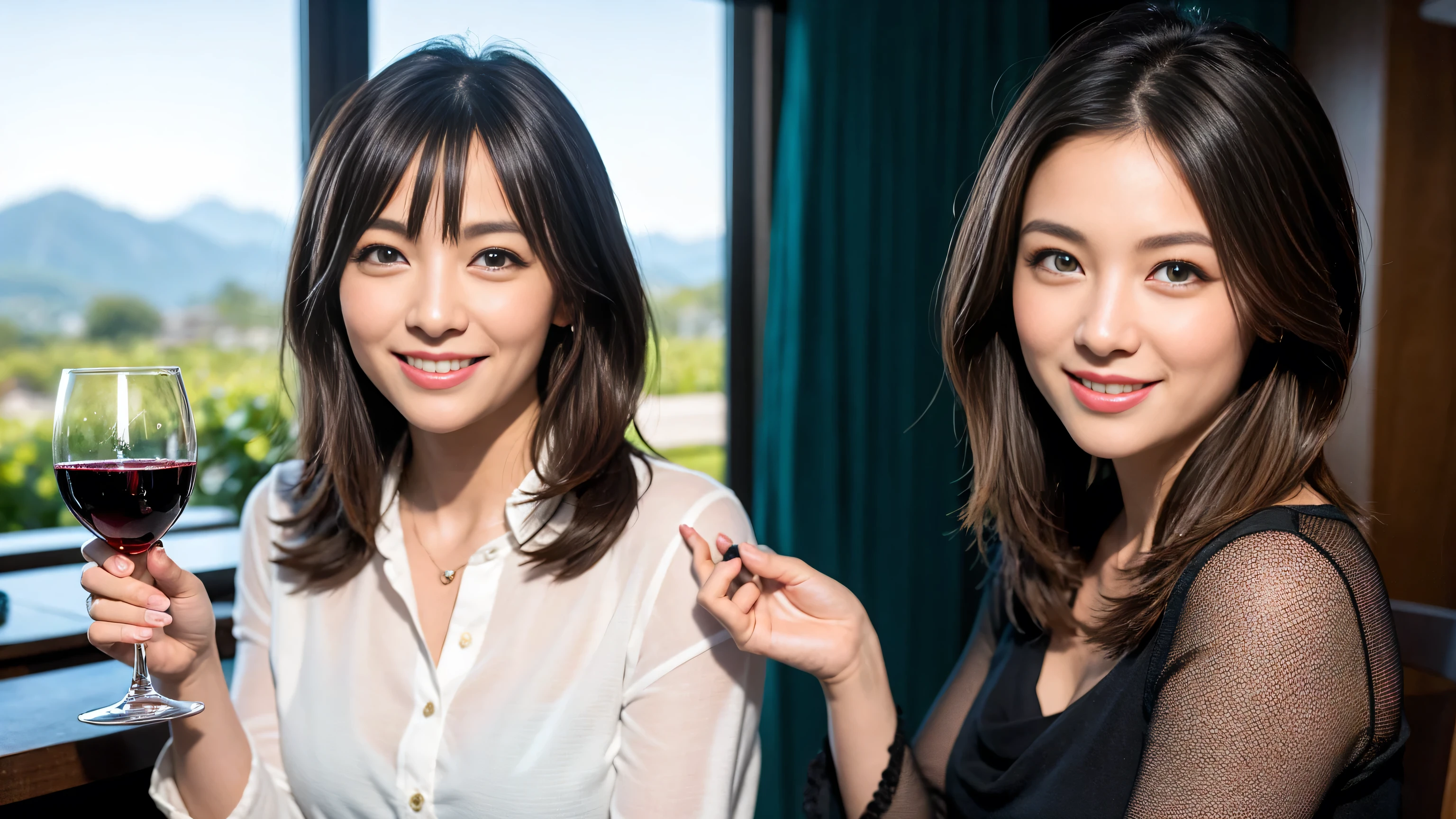((highest quality、8k、masterpiece:1.3))、1 male、1 female、Couple、Spouse、Couple、The body is slim、((Bob Hale、Straight hair:1.2)), (Realistic, Intricate details:1.2), Wine glass on the table、Put the light on your face、 Amazing view of the sunset sky and clouds、Amazing mountain views、A bright smile、The wonderfulness of smile、Bright image、The beauty of wine, Beautiful Face, blue eyes, The light shines on your face, Blushing, short hair,Bright Face、 (Age 37), 39 years old, red wine 、Appetizers、Italian food、Wine bottle、Champagne、sparkling wine、Two beauties、Brown Hair、Shortcuts、Long sleeve shirt、dress、Pretty Woman 1, (Slim face), (The body is slim), (Brown Hair), (Shortcuts), cheeks turn a little red,Attractive beauty、restaurant, In a prominent place (From the waist up) Nova Frog Style, actress, model, Upper Body, White wine, slim, wine glass, A wine glass placed in the center, smile, (smile: 1.15), Beautiful fine grain, Depth f/2,saturation, High Contrast, Strong light and shadow,Moist Body:1.5、3D texture、Delicate eyes、Brown Hair、The hair is very shiny、