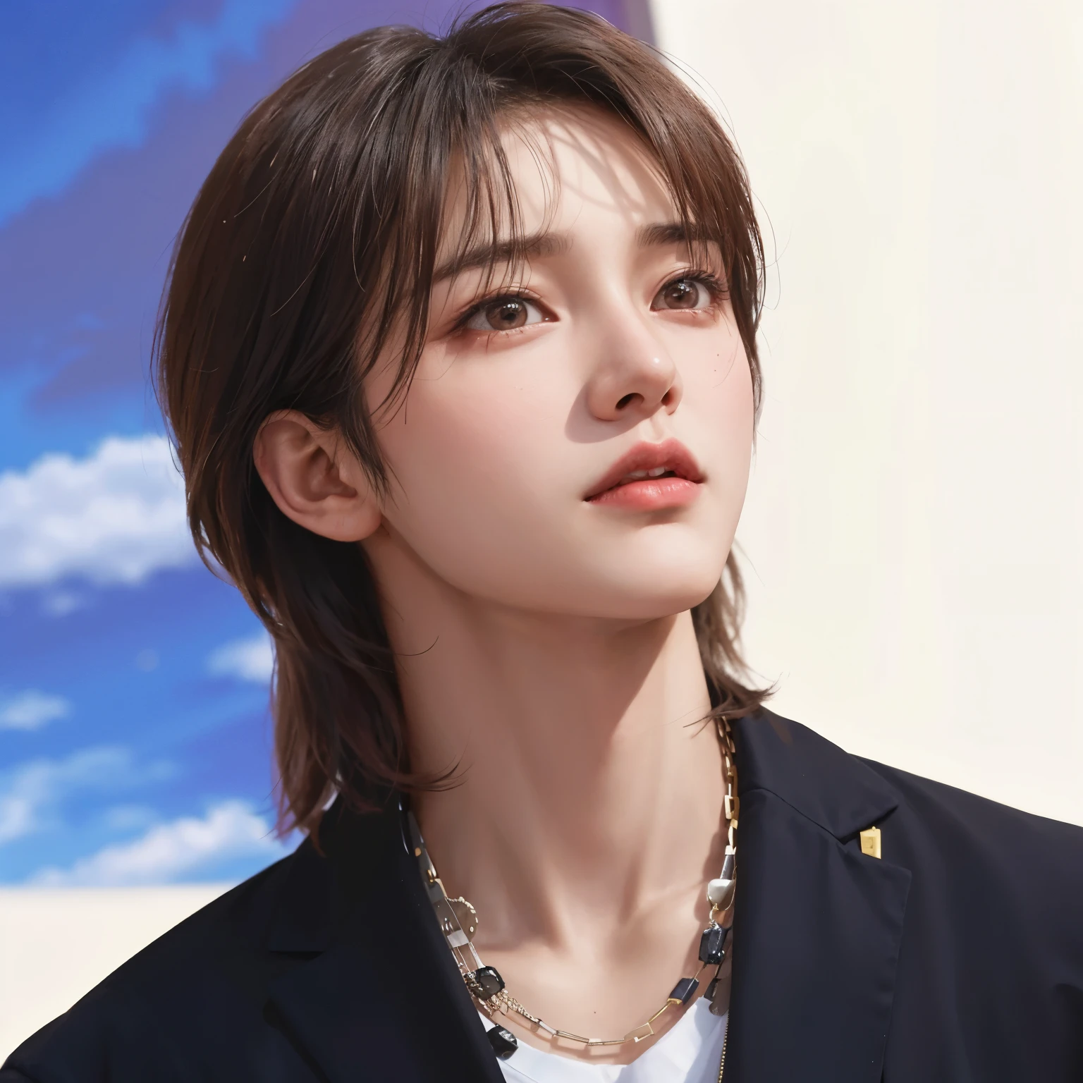 Asian male arape wearing black jacket and white shirt, Portraits of K-Pop Idols, Lovely Korean face, Male Ulzzang, loong, a delicate androgynous prince, prominent jawline. Hwang Hyun-jin of Stray Kids.