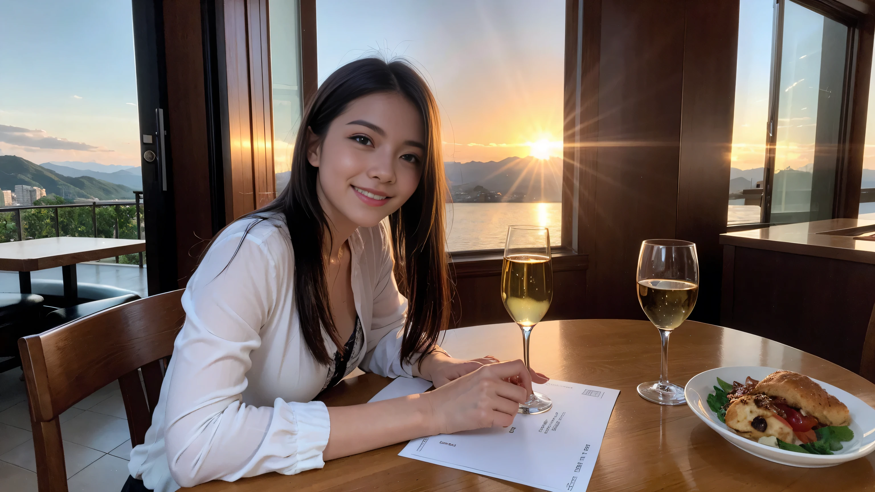 ((highest quality、8k、masterpiece:1.3))、1 male、1 female、Couple、Spouse、Couple、The body is slim、((Bob Hale、Straight hair:1.2)), (Realistic, Intricate details:1.2), Wine glass on the table、Put the light on your face、 Amazing view of the sunset sky and clouds、Amazing mountain views、A bright smile、The wonderfulness of smile、Bright image、The beauty of wine, Beautiful Face, blue eyes, The light shines on your face, Blushing, short hair,Bright Face、 (Age 37), 39 years old, red wine 、Appetizers、Italian food、Wine bottle、Champagne、sparkling wine、Two beauties、Brown Hair、Shortcuts、Long sleeve shirt、dress、Pretty Woman 1, (Slim face), (The body is slim), (Brown Hair), (Shortcuts), cheeks turn a little red,Attractive beauty、restaurant, In a prominent place (From the waist up) Nova Frog Style, actress, model, Upper Body, White wine, slim, wine glass, A wine glass placed in the center, smile, (smile: 1.15), Beautiful fine grain, Depth f/2,saturation, High Contrast, Strong light and shadow,Moist Body:1.5、3D texture、Delicate eyes、Brown Hair、The hair is very shiny、
